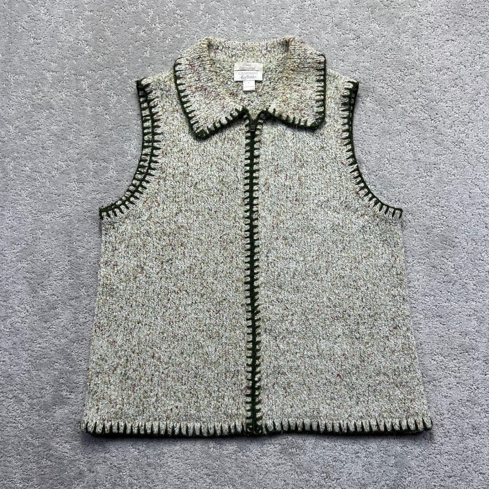 Christopher & Banks Sweater Vest Womens L Green Multi Full Zip Knit Hand Trim